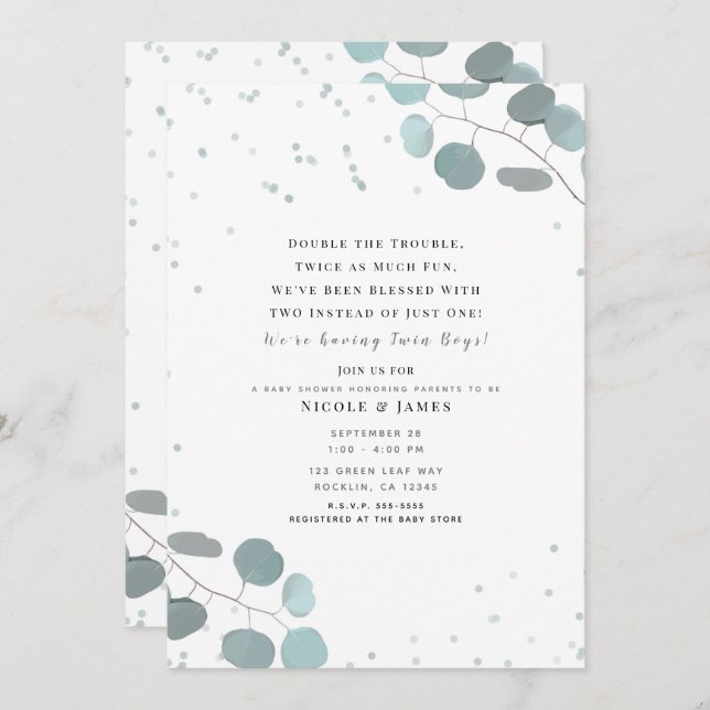 Convite Eucalipto Verde Deixa Gêmeos Chás de fraldas (Frente/Verso)