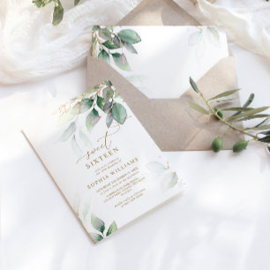 Convite Eucalipto Verde e Dourado Doce 16 Aniversário