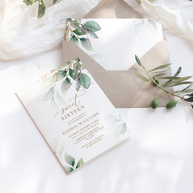 Convite Eucalipto Verde e Dourado Doce 16 Aniversário (Criador carregado)