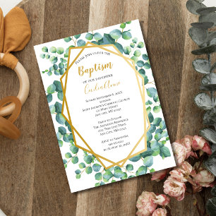 Convite Eucalipto Verde Floral Ouro Batismo Menino Menina