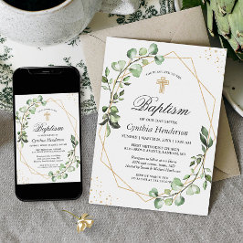 Convite Eucalipto Verde Geométrico Batismo e Batizado