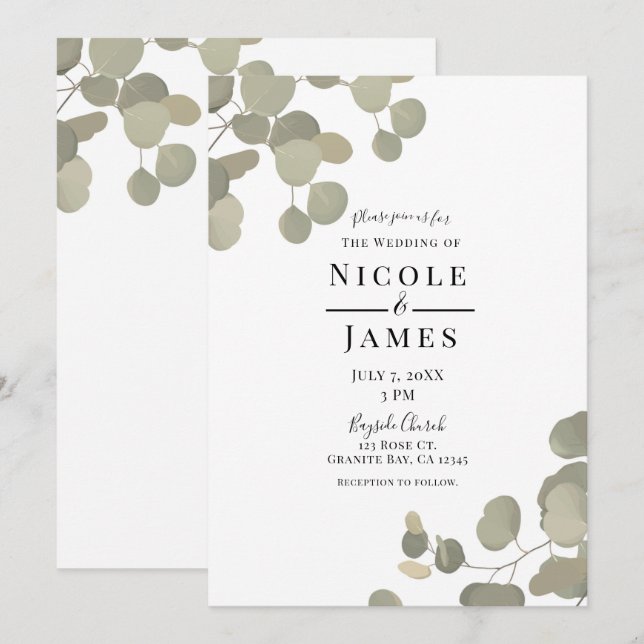 Convite Eucalipto Verde Rústico Casamento Moderno Elegante (Frente/Verso)