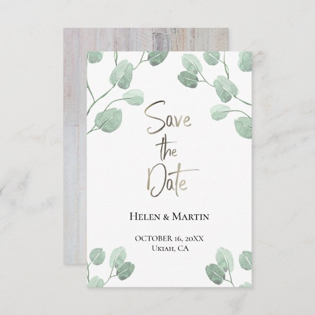 Convite eucalipto verde rústico salvar a data (Frente/Verso)