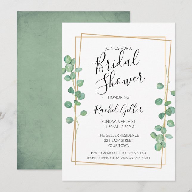 Convite Eucalyptis com Chá de panela de Quadro Dourado (Frente/Verso)