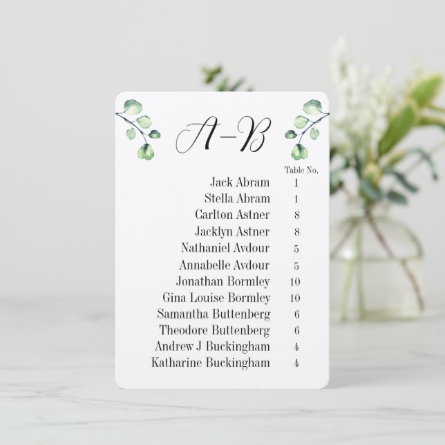Convite Eucalyptus Alphabetical 12 Guest Table Chart Cards (Em pé/Frente)