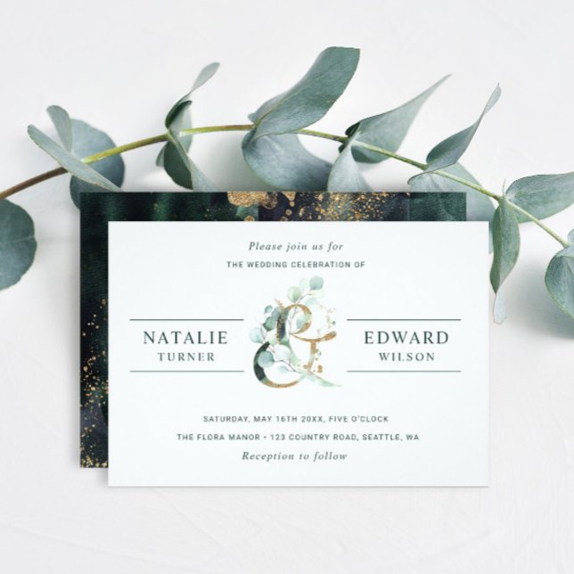 Convite Eucalyptus Ampersand Dourado Casamento Verde (Front & Back)