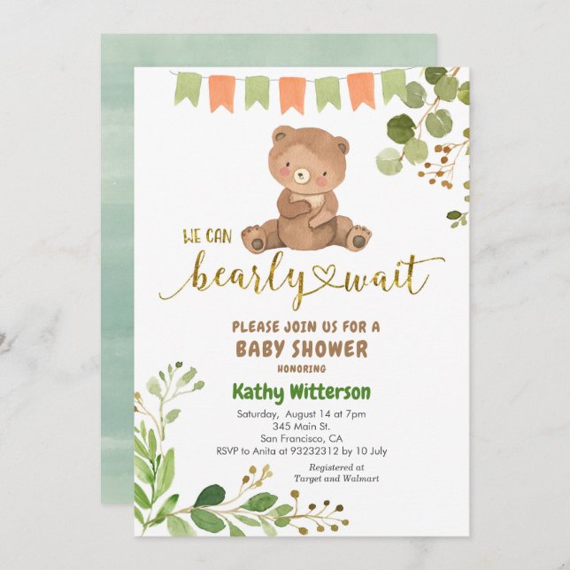 Convite Eucalyptus and Bear We Can Bearly Wait Baby Shower (Frente/Verso)