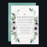 Convite Eucalyptus Anemone Geométrico Bat Mitzvah<br><div class="desc">Trendy geométrica eucalipto verde e flores de papoila em tons pastéis bat mitzvah convite com moldura geométrica dourada e lavagem de hortelã de hortelã inversa.</div>
