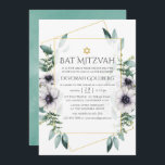 Convite Eucalyptus Anemone Geométrico Bat Mitzvah<br><div class="desc">Trendy geométrica eucalipto verde e flores de papoila em tons pastéis bat mitzvah convite com moldura geométrica dourada e lavagem de hortelã de hortelã inversa.</div>