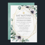 Convite Eucalyptus Anemone Geométrico Bat Mitzvah<br><div class="desc">Trendy geométrica eucalipto verde e flores de papoila em tons pastéis bat mitzvah convite com moldura geométrica dourada e lavagem de hortelã de hortelã inversa.</div>