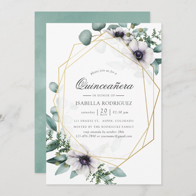 Convite Eucalyptus Anemone Geométrico Quinceañera (Frente/Verso)