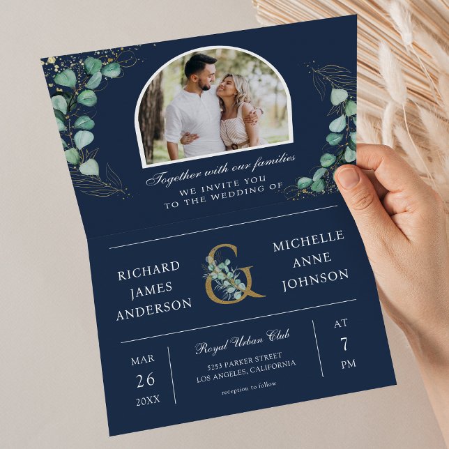 Convite Eucalyptus Arch Photo Navy Blue QR Code Wedding (Criador carregado)