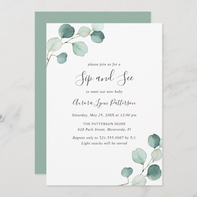 Convite Eucalyptus Baby Elegant Sip and See (Frente/Verso)