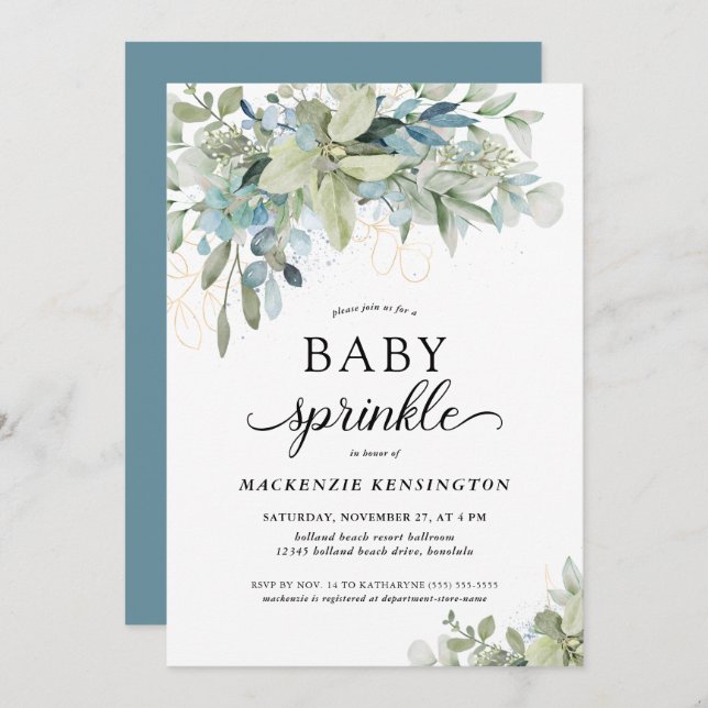 Convite Eucalyptus Baby Sprinkle Azul Moderno (Frente/Verso)