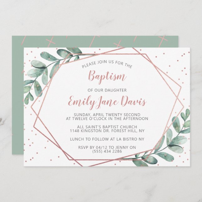 Convite Eucalyptus Baptism Elegante Ou Christening (Frente/Verso)