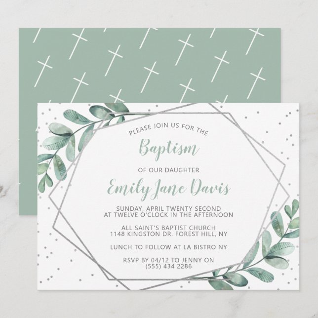 Convite Eucalyptus Baptism Elegante Ou Christening (Frente/Verso)