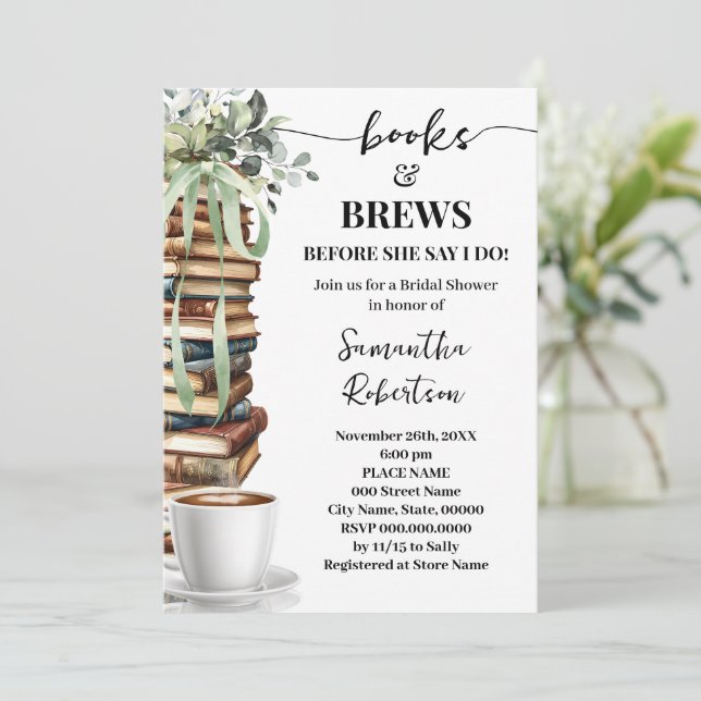 Convite Eucalyptus Books & Brews Coffee Bridal Shower (Em pé/Frente)