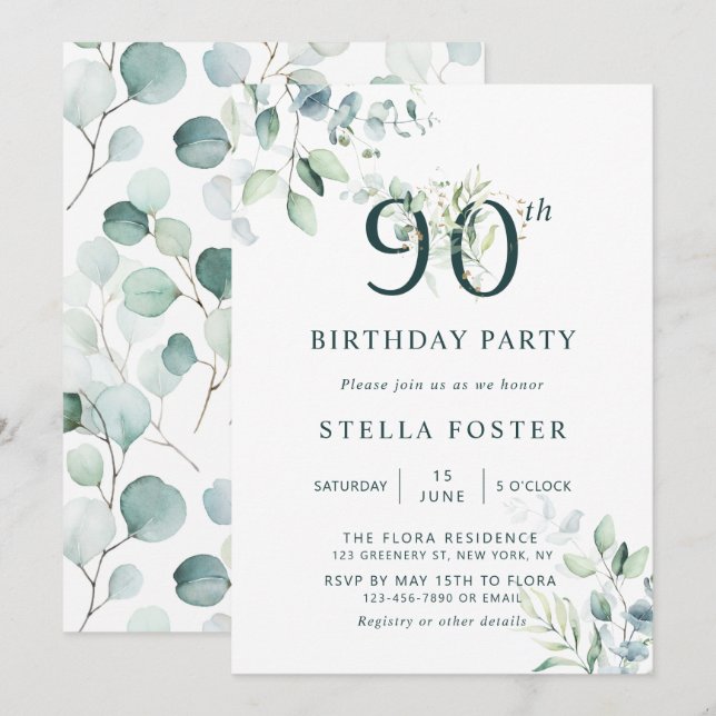 Convite Eucalyptus Botanic Number 90 Festa de aniversário (Frente/Verso)
