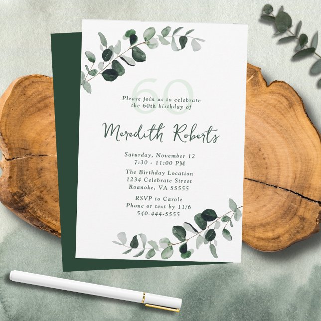 Convite Eucalyptus Botanical Greenery 60º Aniversário (Eucalyptus Botanical Greenery Nature-Inspired 60th Birthday Party Invitation)