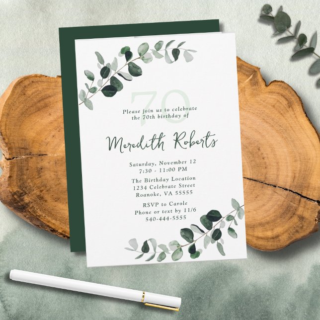 Convite Eucalyptus Botanical Greenery 70 Aniversário (Eucalyptus Botanical Greenery Nature-Inspired 70th Birthday Party Invitation)