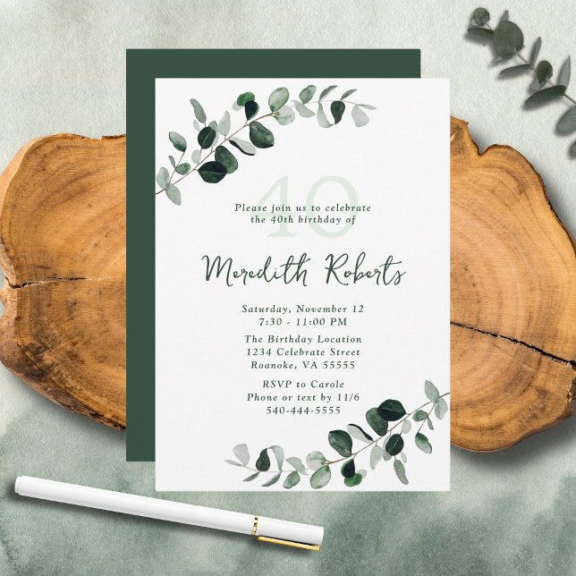 Convite Eucalyptus Botanical Greenery aniversário de 40 an (Eucalyptus Botanical Greenery Nature-Inspired 40th Birthday Party Invitation)