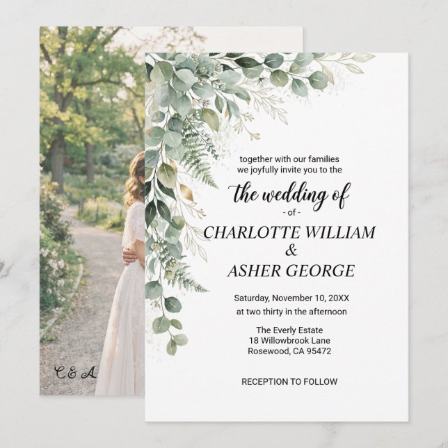 Convite Eucalyptus Botanical Greenery Photo Wedding Invite (Frente/Verso)