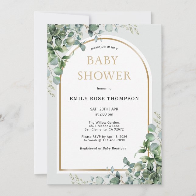 Convite Eucalyptus Botanical Letter Gold Baby Shower  (Frente)