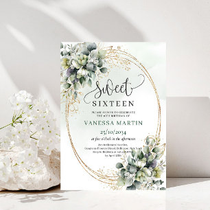 Convite Eucalyptus Botânico Sweet 16 Verde Dourado