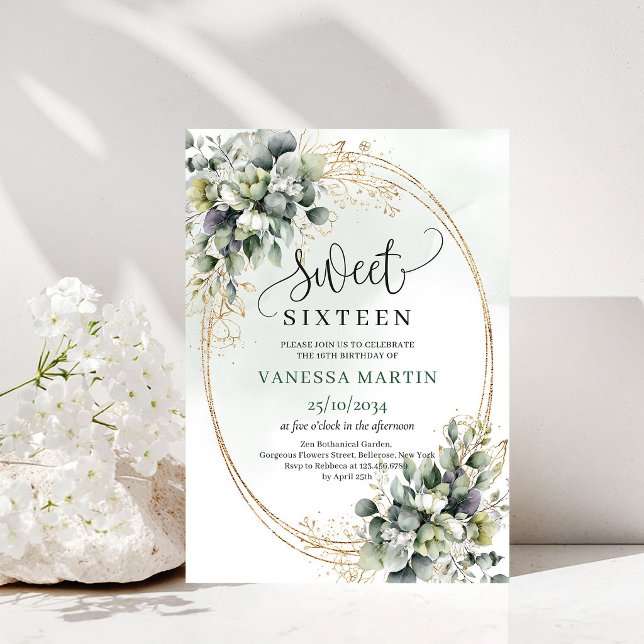 Convite Eucalyptus Botânico Sweet 16 Verde Dourado (Eucalyptus Botanical Sweet 16 Green Gold Invite)