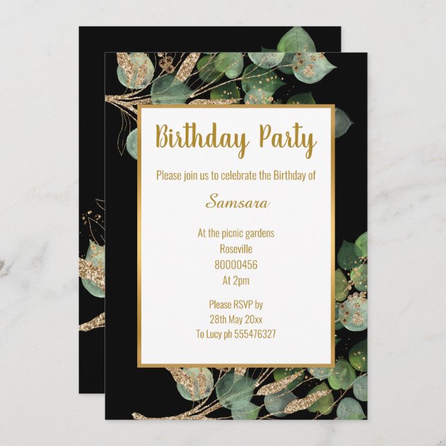 Convite Eucalyptus Branch Green Trim Birthday (Frente/Verso)