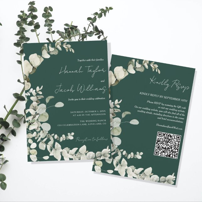 Convite Eucalyptus Código QR Casamento Verde Esmeralda (qr code wedding invitation emerald green)