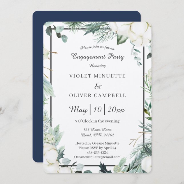 Convite Eucalyptus Cotton | Felt Ecru Festa de noivado (Frente/Verso)