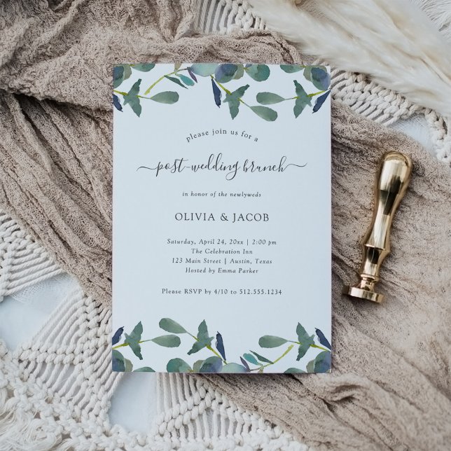 Convite Eucalyptus Crest Green deixa Poste casamento Brunc (A eucalyptus wedding invitation for your post-wedding brunch)