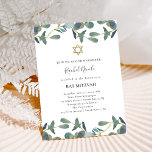 Convite Eucalyptus Crest | Luzes verdes Douradas Bat Mitzv<br><div class="desc">Esses convites simples e modernos de Bat Mitzvah apresentam folhas verdes de cor d'água eucalipto em um fundo branco limpo com moderno roteiro manuscrito e uma estrela de David com aparência falsa de ouro.</div>