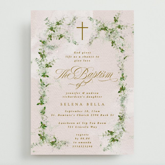 Convite Eucalyptus Cross em Wreath Girl Baptism (Criador carregado)