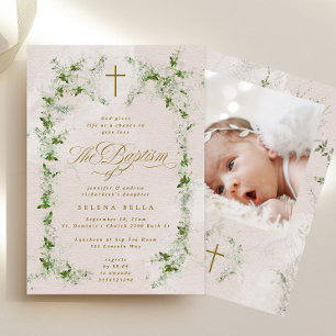 Convite Eucalyptus Cross in Wreath Girl Foto de batismo