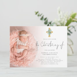 Convite Eucalyptus Cross Photo Christening