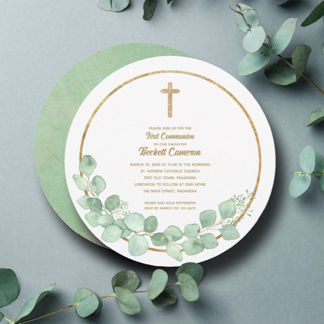 Convite Eucalyptus Cross - Primeira Comunhão (Eucalyptus wreath and gold cross first communion round invitations)