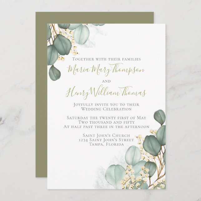 Convite Eucalyptus deixa aquarela minimalista (Frente/Verso)