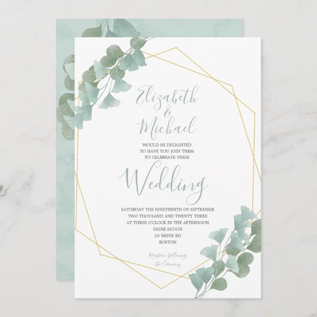 Convite Eucalyptus Deixa Casamento Geométrico de Verão Ele (Frente/Verso)