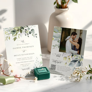 Convite Eucalyptus deixa verde casamento Foto do código QR