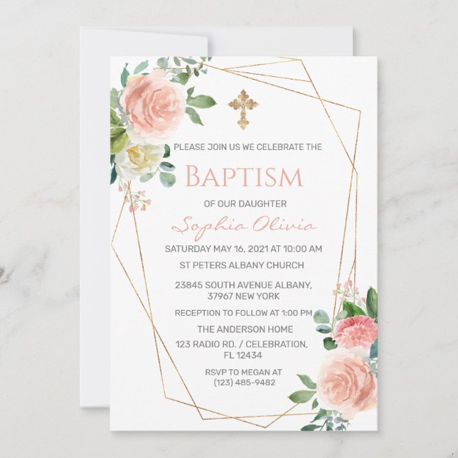 Convite Eucalyptus, Dourada, "Eucalyptus Girl Baptism Invi (Frente)