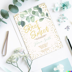 Convite Eucalyptus Dourado Confetti Doce Dezesseis Anivers