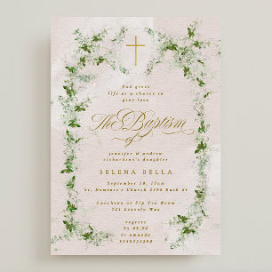 Convite Eucalyptus Dourado Cross Wreath Girl Baptism