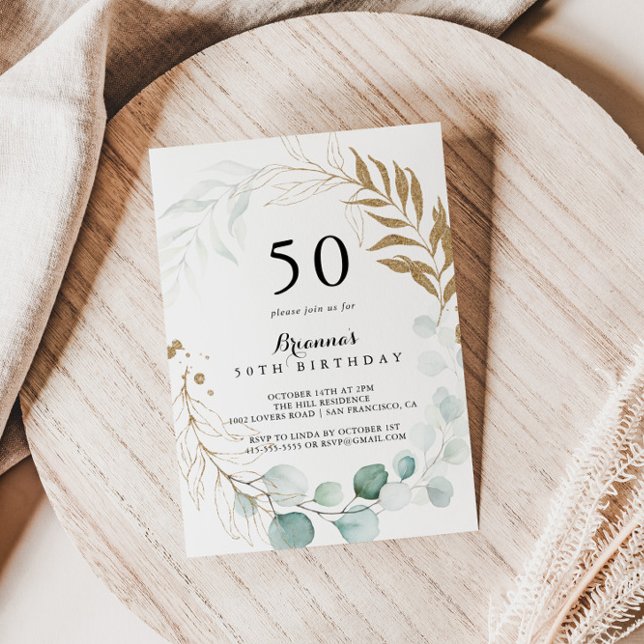 Convite Eucalyptus Dourado Floral 50ª Festa de aniversário (Criador carregado)