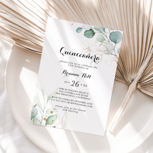 Convite Eucalyptus Dourado Floral Quinceañera (Criador carregado)