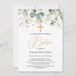 Convite Eucalyptus Dourado Foliage Cross Baptism