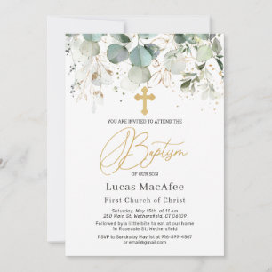 Convite Eucalyptus Dourado Foliage Cross Baptism 