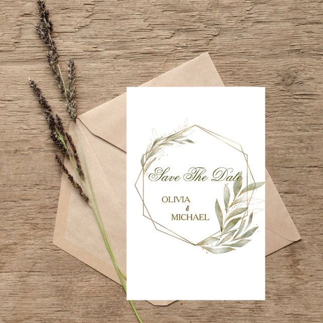 Convite Eucalyptus Dourado Quadro Geométrico Save The Date (Criador carregado)