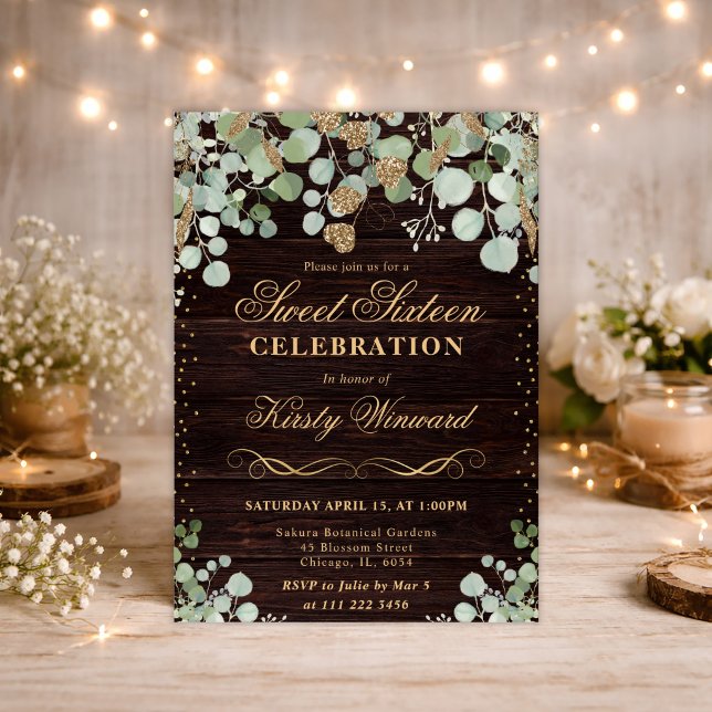 Convite Eucalyptus Dourado Rustic Watercolor Sweet 16 (Criador carregado)